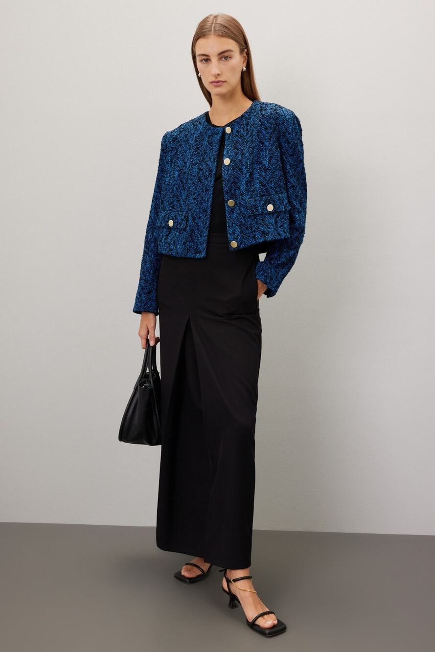 BOSS Royal Blue Tweed Blazer Gold Button Distressed Janoa Jacket Size US 2